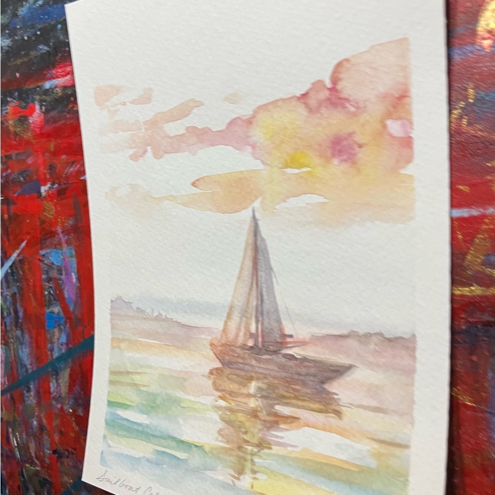 Original sailboat sunset painting schooner art ocean marine nautical handmade - Picture 5 of 8